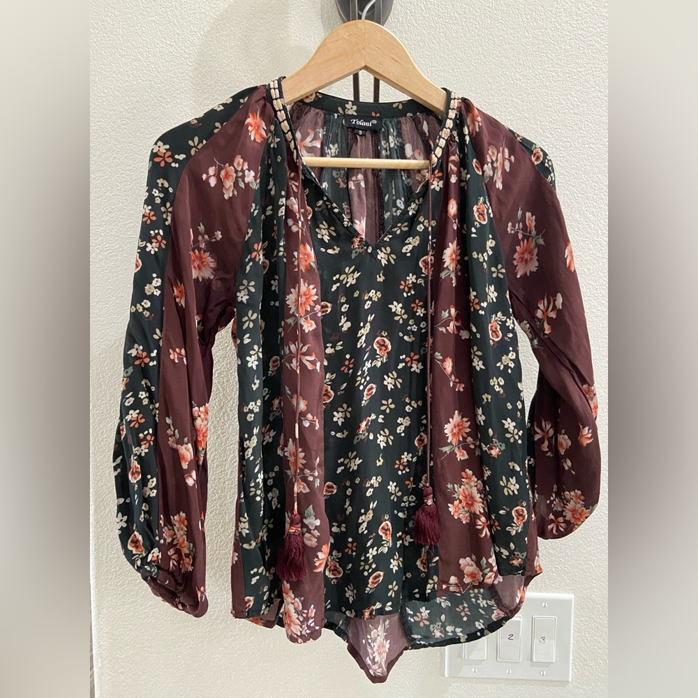 Tolani Red and Orange Tie Front Relaxed Blouse
